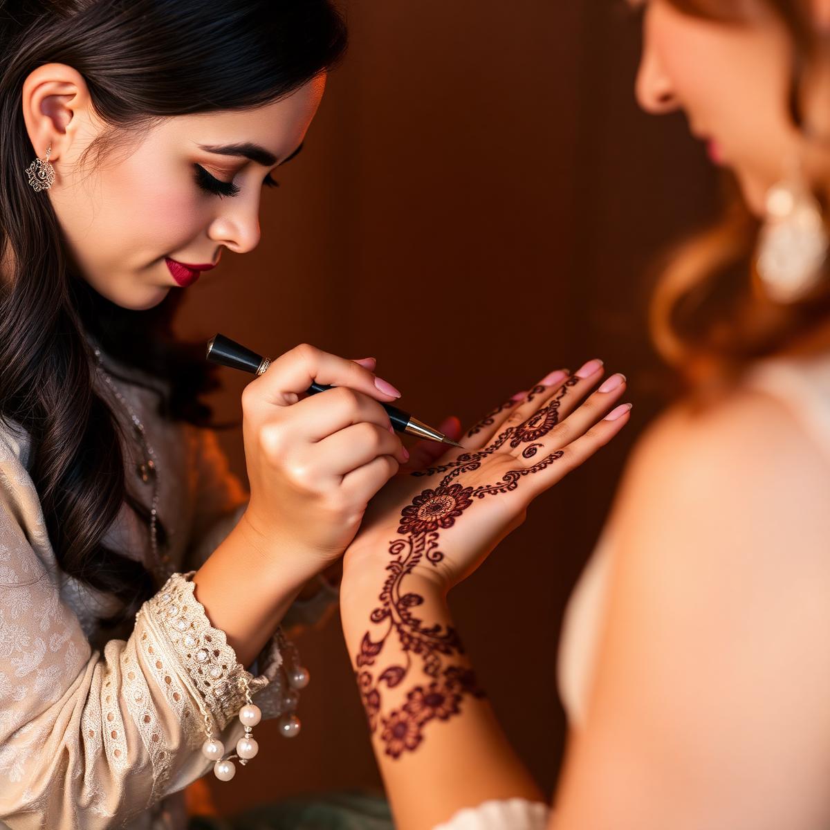Professional henna artist applying detailed mehndi design